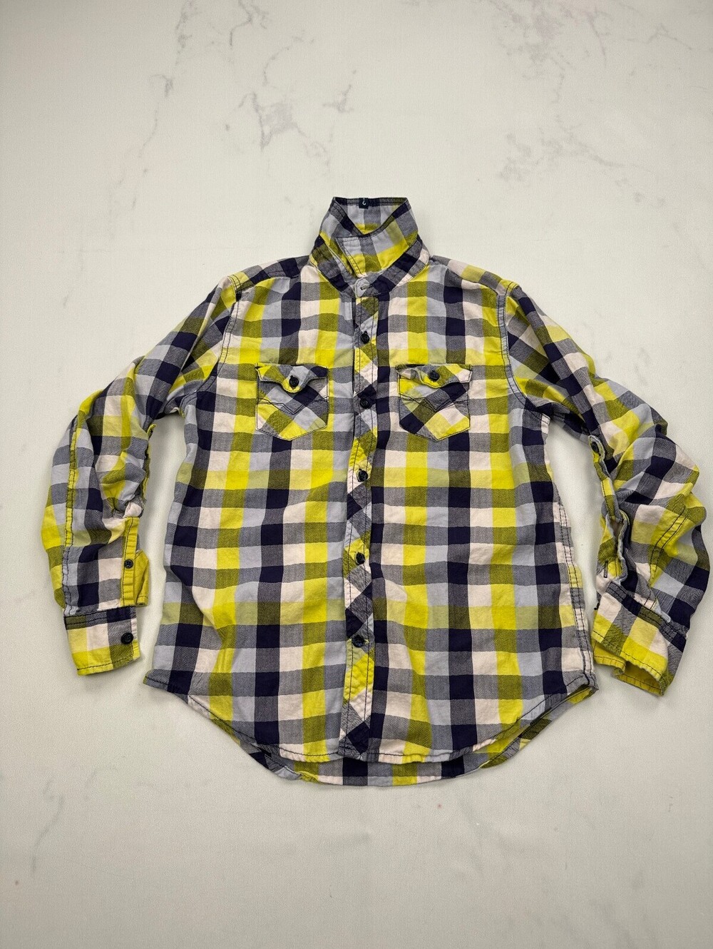Guess Kids Button-Up Shirt Yellow 90s VTG Checkered - Boys 10-12